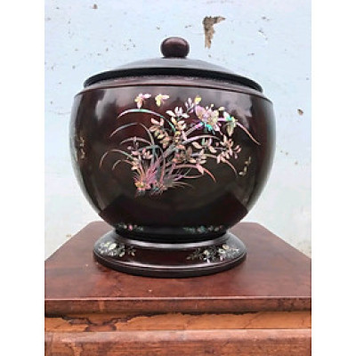 Ủ bình trà ,chè bằng gỗ gụ kết hợp khảm ốc đỏ ,làm mầu mận chín giả cổ  cực đẹp kt 31×32cm 