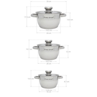 Bộ nồi 3 đáy inox 430 Thân Cool Fivestar Standard nắp inox FS-B3010 (Kích thước 16cm - 20cm - 24cm) , tặng 2 vá canh