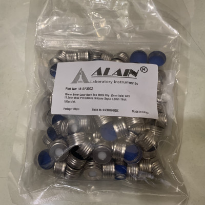 Chai thủy tinh 20ml ( Headspace) 75.5 x 22.5mm, đáy tròn + Nắp vặn kim loại từ tính ND18 có lỗ 8mm đệm septa Silicone trắng/PTFE xanh dày 1.5mm, không xẽ rãnh 100 cái/ Hộp