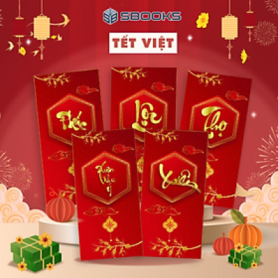 Combo 5 Cái Bao Lì Xì Thiết Kế Chữ Xuân, Lộc, Thọ, Phúc, Xuân Như Ý - Tết 2025 Giấy Cứng C150 Siêu Dày Dặn - SBOOKS