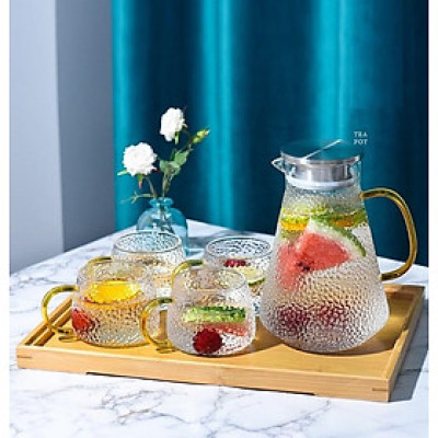 COMBO BỘ BÌNH KÈM 6 CỐC THỦY TINH CHỊU NHIỆT VÂN SẦN CAO CẤP VÀ KHAY GỖ - VD79