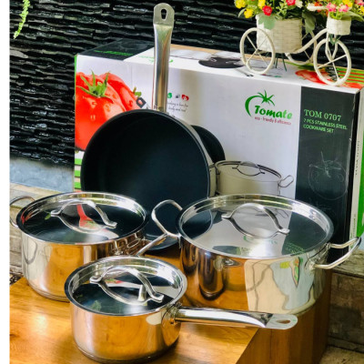 Bộ Nồi Chảo Inox 304 – 7 Món TOM 0707 - Nồi từ - 5 lớp đáy - chảo chống dính - nắp inox 