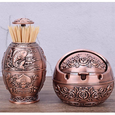 combo lọ tăm và gạt tàn hợp kim phong cách cổ