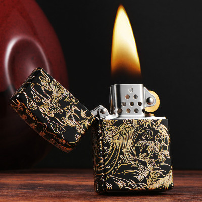 Vỏ Hột Quẹt Bật Lửa Xăng Đá Zorro Z2-1077 Khắc Họa Tiết Chim Phượng Hoàng Hoa Mẫu Đơn Phú Quý