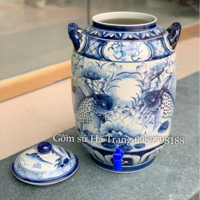 Bình nước 20 lit gốm sứ Bát Tràng cao cấp không chì vẽ hoạ tiết cá chép trông trăng