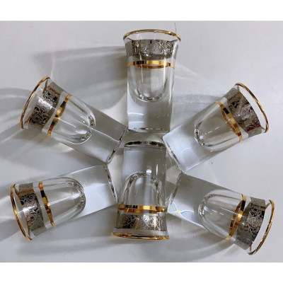 Bộ 6 ly thuỷ tinh uống rượu khảm bạc cao cấp miệng loe, viền vàng