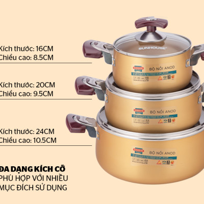 Bộ nồi anod Sunhouse SH6634 - Bộ nồi dùng bếp gas - Bộ nồi dùng bếp hồng ngoại - Bộ 3 nồi Sunhouse - Thiết kế sang trọng, chất liệu Anod cao cấp, không phai màu, không biến dạng khi va đập, vung kính cường lực siêu bền - Hàng chính hãng