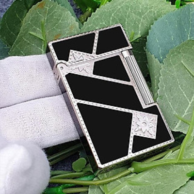 Vỏ Hột Quẹt Bật Lửa Upon Sơn Mài Ô Vuông Chéo D56T Màu Đen Viền Bạc - Dùng Gas Đá Cao Cấp