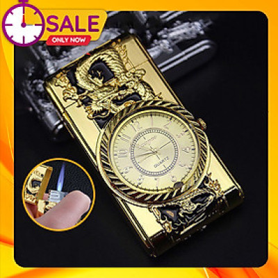 Vỏ Hột Quẹt Bật Lửa Khò Ga Kiêm Đồng Hồ Khắc Họa Tiết Rồng Vàng/Thằn Lằn Có Đèn Led Cao Cấp