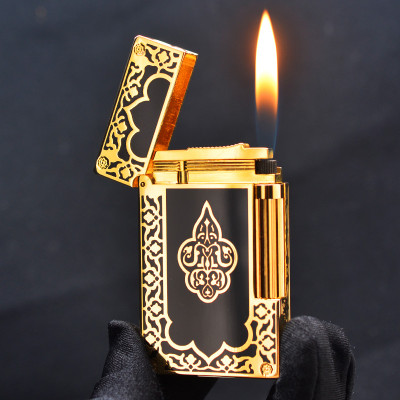 Vỏ hộp quẹt bật lửa ga đá hoa văn sơn mài đen viền vàng D-80V