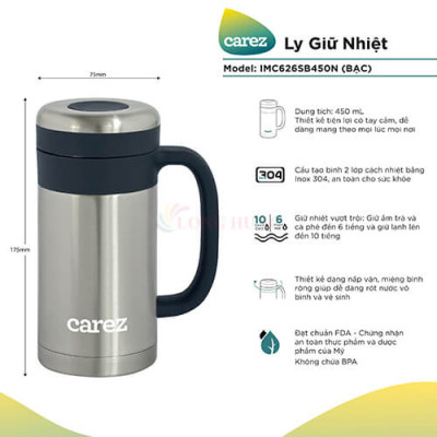 Cốc giữ nhiệt Carez 450ml IMC626S - Hàng chính hãng