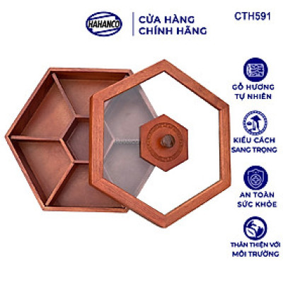 Khay Đựng Mứt Tết Bằng Gỗ Hương Nắp Kính Lục Giác Trong Suốt Sang Trọng - CTH591