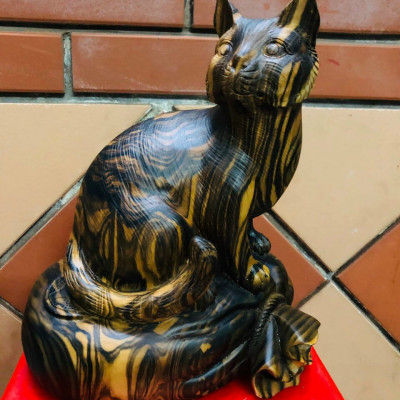 Tượng con mèo điêu khắc bằng gỗ mun kt 30×26×17cm