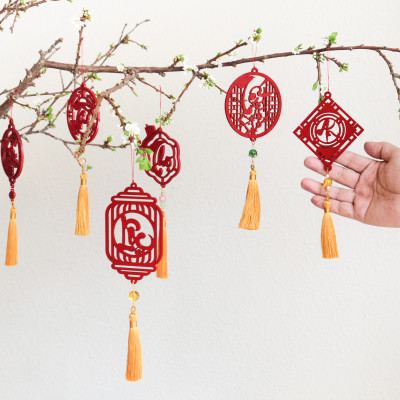 Set 6 dây treo Tết Thư pháp handmade màu đỏ COMBO T6D trang trí mai đào