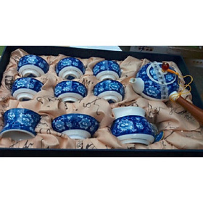 BỘ TRÀĐẠO BẰNG GỐM SỨ HÓ MẪU ĐƠN XANH  10 MÓN- VD162