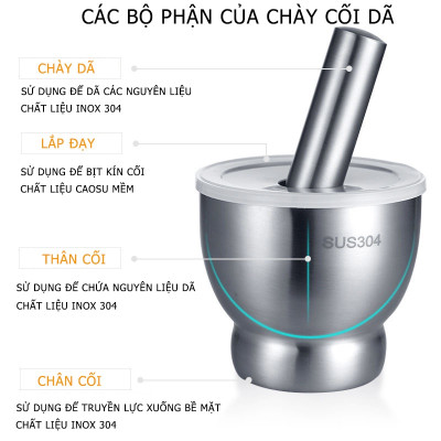 Bộ Chày Cối Inox 304 Nguyên Khối Không Vết Hàn Có Lắp Đạy Kèm Chày Dã Đồ Cực Nhuyễn Mịn Cho Gia Đình - HÀNG CHÍNH HÃNG MINIIN