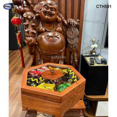 Khay Đựng Mứt Tết Bằng Gỗ Hương Nắp Kính Lục Giác Trong Suốt Sang Trọng - CTH591