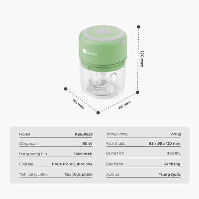 Máy xay tỏi ớt dùng pin sạc Elmich PBE-8659 250ml 50w, Hàng chính hãng, bảo hành 24 tháng - JoyMall
