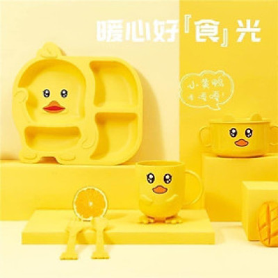 Bộ bát đĩa khay ăn dặm cho bé cute hình vịt vàng 5 món khay, bát, cốc , thìa ,đũa , dĩa ăn