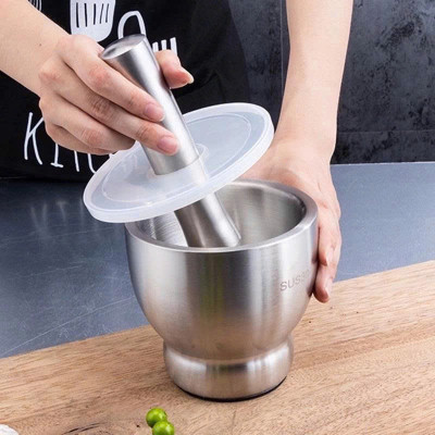 Cối chày inox 304  cao cấp đúc nguyên khối - Kèm nắp đậy , dùng giã hành tỏi, ớt, cua  , dày dặn, không bám mùi, dễ vệ sinh - Size 10cm