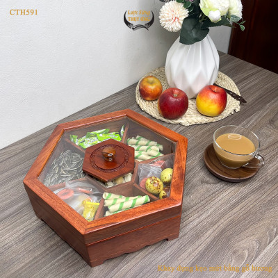 Khay Đựng Mứt Tết Bằng Gỗ Hương Nắp Kính Lục Giác Trong Suốt Sang Trọng - CTH591