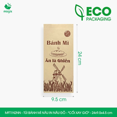 MFT1N2NN - 24x9.5x4.5 cm - 100 Túi bánh mì Nâu, in sẵn họa tiết CỐI XAY GIÓ - Bao bánh mì Túi giấy thực phẩm an toàn