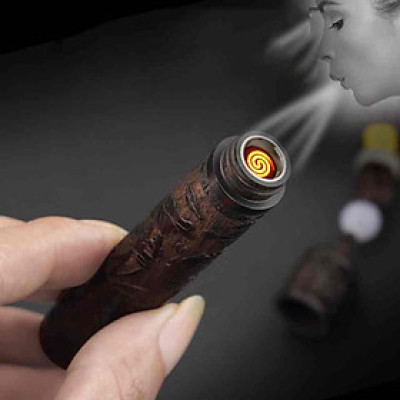 Bật Lửa Điện Thổi Vỏ Gỗ Đàn Hương - Sạc Điện USB Tiện Lợi