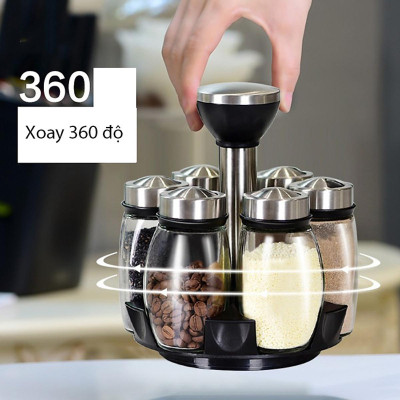 Bộ 6 Lọ Đựng Gia Vị Chất Liệu Thủy Tinh Kèm Đế Xoay 360 Tiện Lợi- TẠo Sang Trọng, Gọn Gàng Cho Căn Bếp