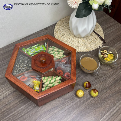 Khay Đựng Mứt Tết Bằng Gỗ Hương Nắp Kính Lục Giác Trong Suốt Sang Trọng - CTH591