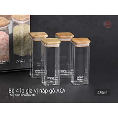 Bộ 4 lọ gia vị thuỷ tinh borosilicate ACA 420ml, nắp gỗ