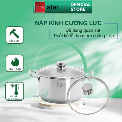 Bộ nồi xửng hấp 3 đáy inox 430 Fivestar Standard bếp từ nắp kính tặng 1 muỗng canh