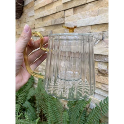 Ấm thủy tinh pha trà hoa chịu nhiệt kèm lõi lọc sọc quai vàng