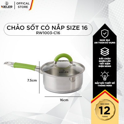 Chảo sốt có nắp KIELER đáy từ 16cm nấu nhanh, tiết kiệm điện, có 2 lớp chống dính Whitford ít bám dầu mỡ RW1003-C16 - Hàng Chính Hãng