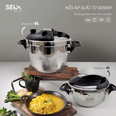 Nồi áp suất từ Seka SK5859 inox 304 dung tích 4L và 6L tặng kèm vung kính, Dùng được mọi loại bếp