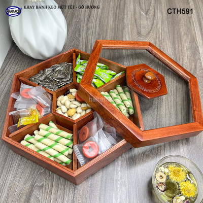 Khay Đựng Mứt Tết Bằng Gỗ Hương Nắp Kính Lục Giác Trong Suốt Sang Trọng - CTH591