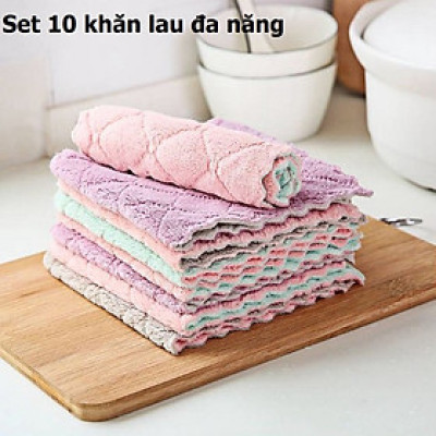 Bộ 10 khăn lau 2 mặt siêu thấm- Khăn lau không phai màu không rụng sợi- nhanh khô- Khăn lau bếp, khăn lau kính, lau Xe, bàn làm việc