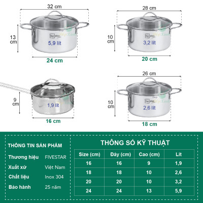 Bộ nồi 3 lớp đáy liền inox 304 Plus quai oval nắp kính