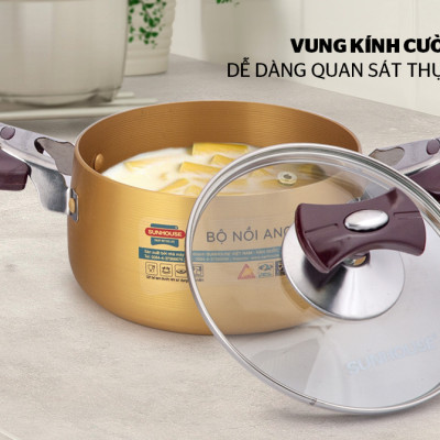 Bộ nồi anod Sunhouse SH6634 - Bộ nồi dùng bếp gas - Bộ nồi dùng bếp hồng ngoại - Bộ 3 nồi Sunhouse - Thiết kế sang trọng, chất liệu Anod cao cấp, không phai màu, không biến dạng khi va đập, vung kính cường lực siêu bền - Hàng chính hãng