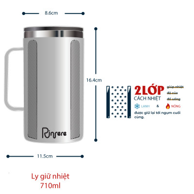 Ly Giữ Nhiệt Có Tay Cầm Nắp Trượt Chống Tràn Rinfere (710ml) - Tặng Kèm Ống Hút Không Gỉ, Dụng Cụ Vệ Sinh Ông Hút