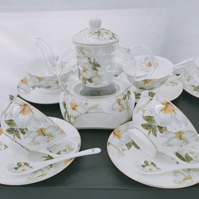 BỘ ẤM THỦY TINH PHA TRÀ HOA KÈM 6 CỐC KHAY VÀ THÌA SỨ XƯƠNG CAO CẤP - VD58