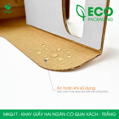 MKQ1T - 17.5x8x9 cm - Combo100 Khay giấy 2 ngăn quai xách màu trắng siêu chắc, hộp giấy 2 ngăn chống thấm đựng ly nước, hoa và quà tặng