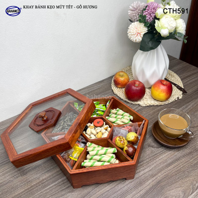 Khay Đựng Mứt Tết Bằng Gỗ Hương Nắp Kính Lục Giác Trong Suốt Sang Trọng - CTH591