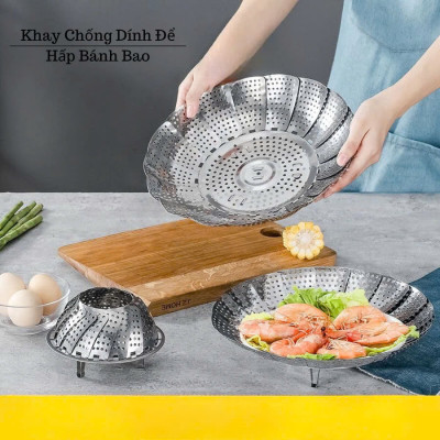 Khay hấp Xửng hấp Vỉ hấp inox kiêm khay đựng trái cây xòe có 3 chân gấp gọn tiện lợi
