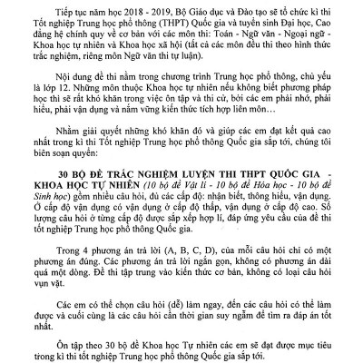 30  Bộ Đề Trắc Nghiệm Luyện Thi THPTQG 2019 - Khoa Học Tự Nhiên (Vật Lí - Hóa Học - Sinh Học)