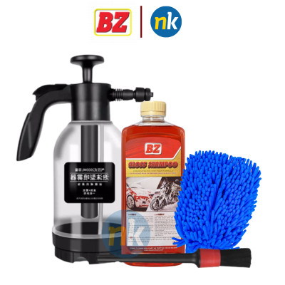 Combo 4 món nước rửa xe BZ, Bình Tạo Bọt Tuyết, Găng Tay Rửa Xe 2 lớp Kèm Cọ rửa chi tiết, rửa xe siêu sạch, siêu sáng bóng