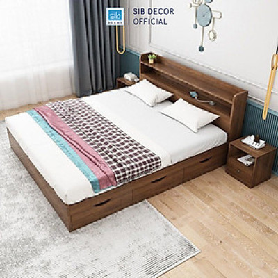 Giường Ngủ Gỗ Công Nghiệp Kèm 3 Ngăn Kéo Màu Walnut SIB Decor GN12