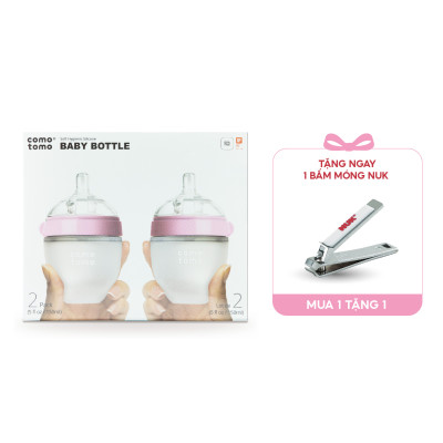 Bộ hai bình sữa silicone Comotomo 150ml - Hồng Tặng Bấm móng sơ sinh NUK