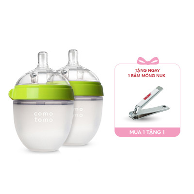 Bộ hai bình sữa silicone Comotomo 150ml - Xanh Tặng Bấm móng sơ sinh NUK