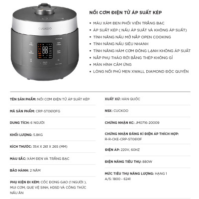Nồi cơm điện tử áp suất kép Cuckoo 1.08L CRP-ST0610FG - Lòng nồi phủ men Xwall độc quyền - Bảng điều khiển thông minh - Nhiều chế độ nấu ăn - Sản xuất tại Hàn- Hàng chính hãng Cuckoovina Quốc- Chính hàng Cuckoovina