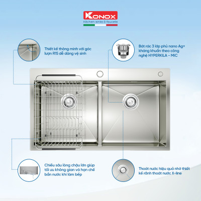 Chậu rửa bát Konox, Overmount Series, Model KN8248DOB , Inox 304AISI tiêu chuẩn châu Âu, 820x480x228(mm), Hàng chính hãng